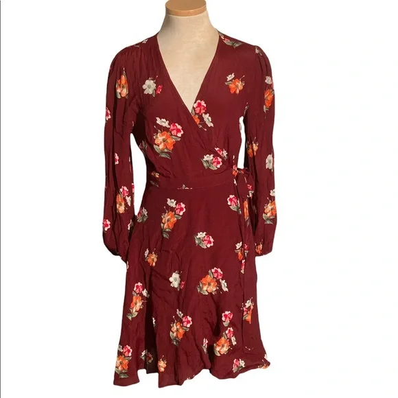 Astr | Dresses | Astr The Label Floral Burgundy Wrap Dress Long Sleeves  Size S | Poshmark